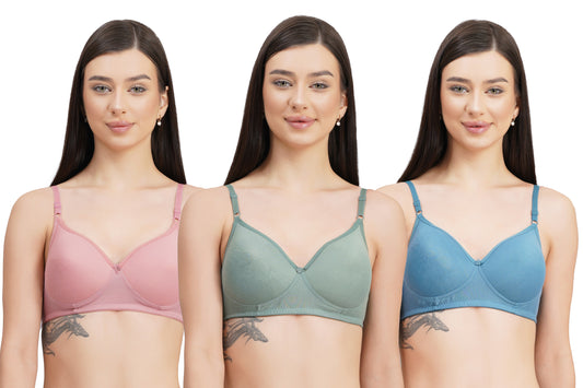 Langry Lightly Padded Bra for Women & Girls Pack of 3 (Green, Pink & Blue)