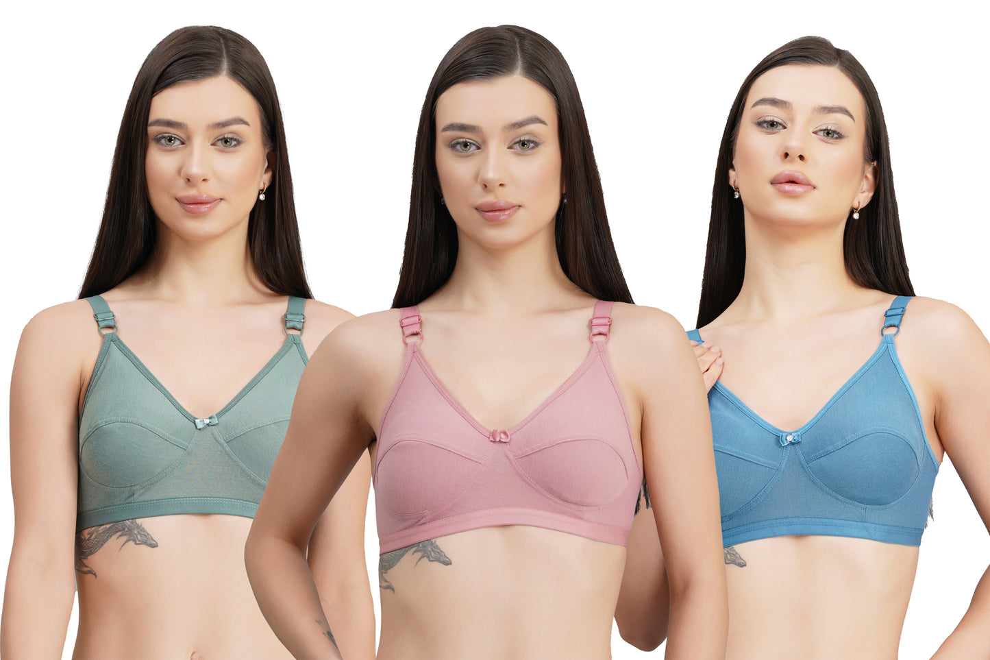 Langry Non Padded Women Girls T-Shirt Bra Pack of 3 (Green, Blue & pink)